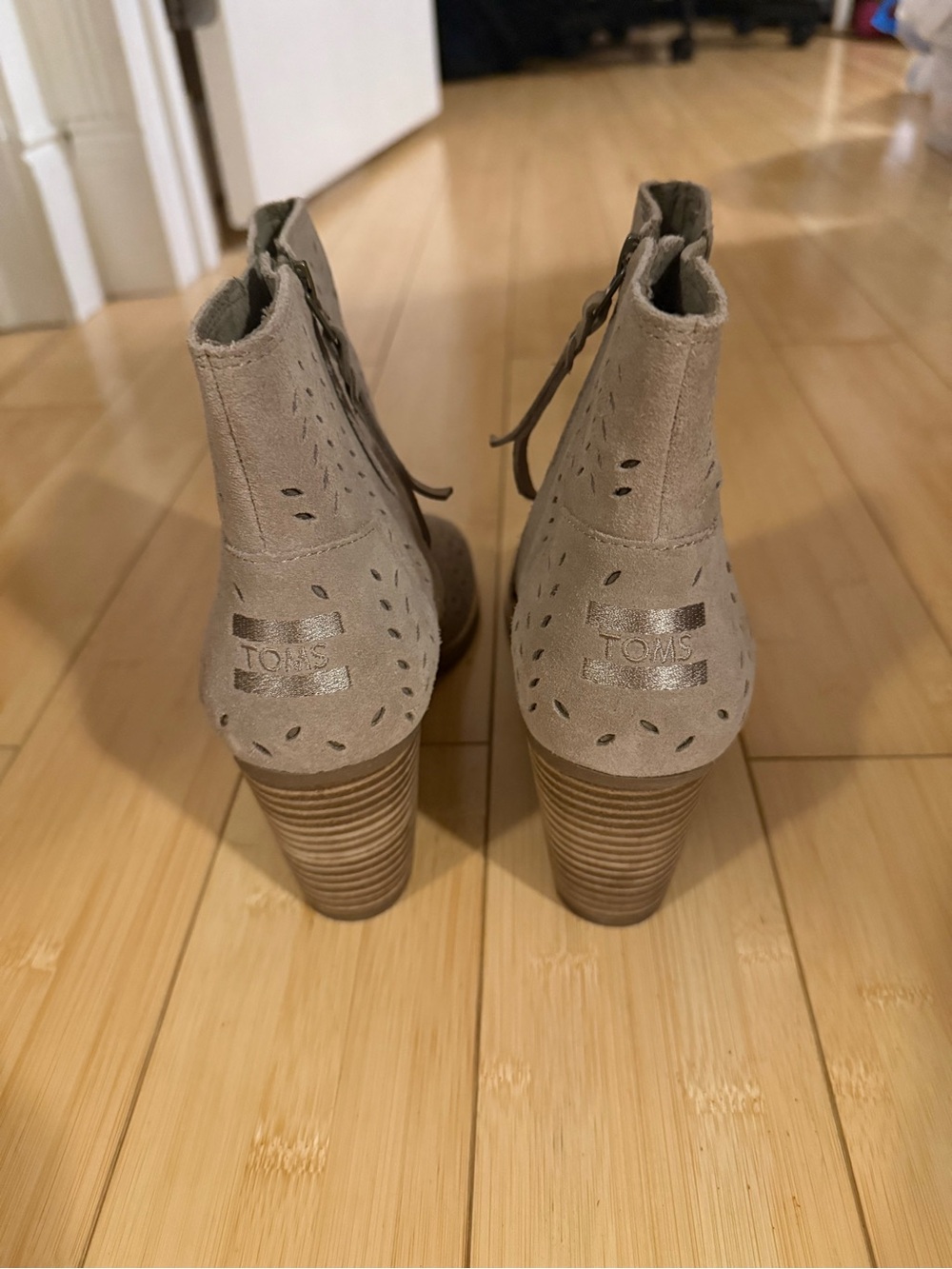 TOMS Mayorca Open Toe Suede Leather Taupe Color Booties